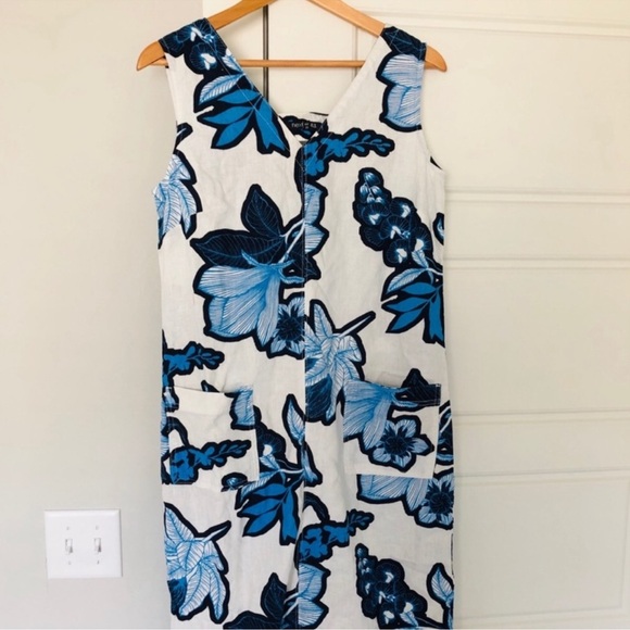 Blue White Floral Linen Dress - Picture 5 of 7